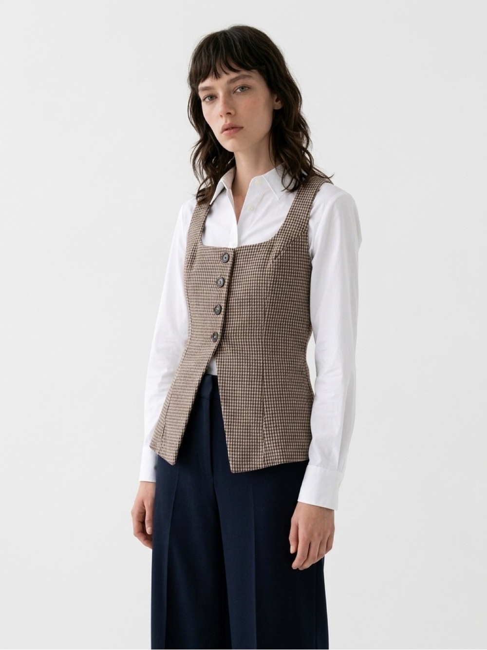 SHEIN Brown Houndstooth Button Front Vest